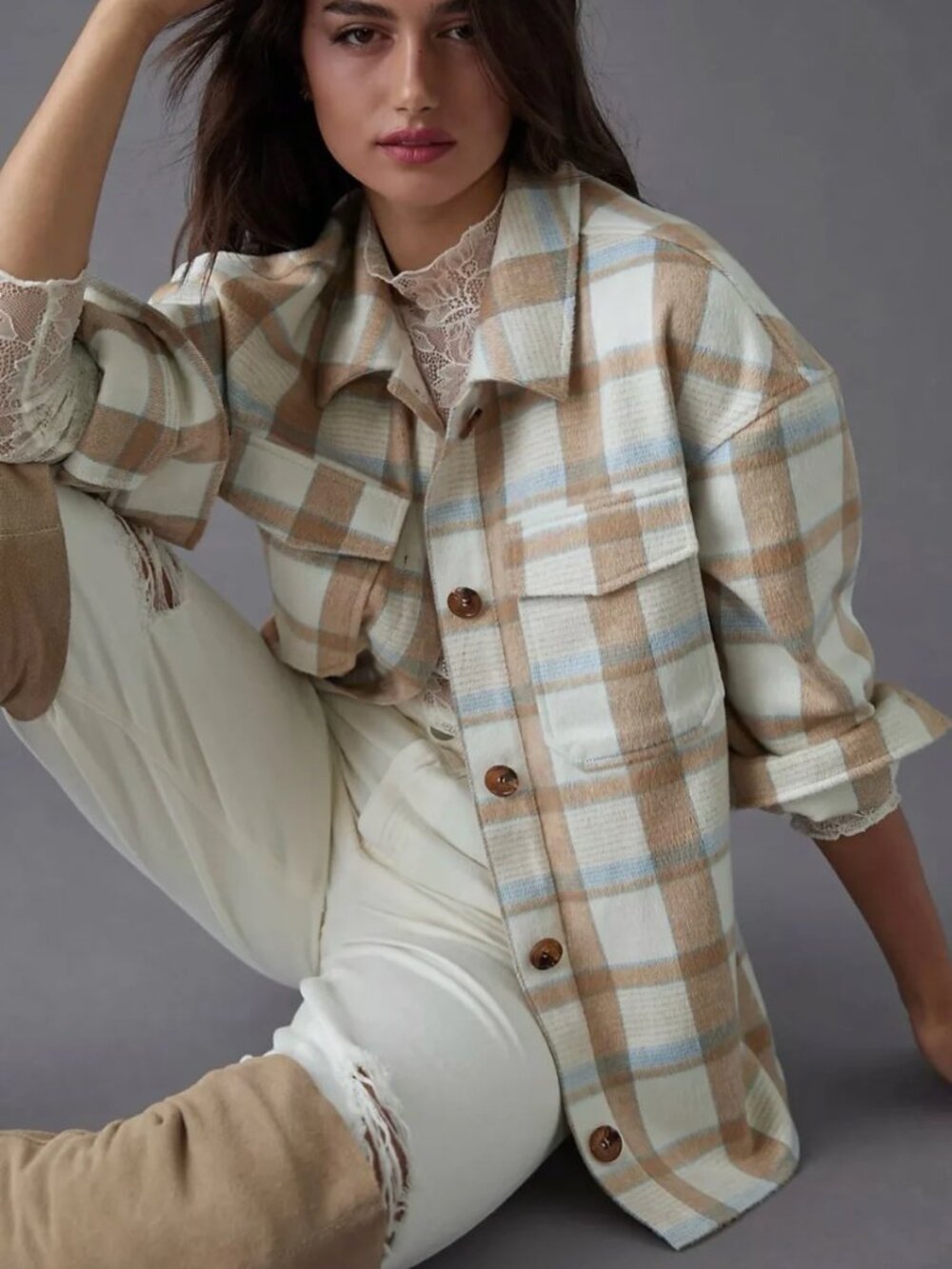 Avec Les Filles Oversized Shacket, Tan and Blue Plaid, Women's Size 1X